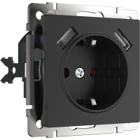 WL08-SKGS-USBx2-IP20 / Розетка с заземлением, шторками и USBх2 (черный матовый) фото