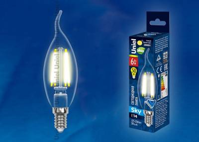 LED-CW35-6W/WW/E14/CL PLS02WH Лампа светодиодная. Форма свеча на ветру, прозрачная. Серия Sky. Теплый белый свет. Картон. ТМ Uniel.