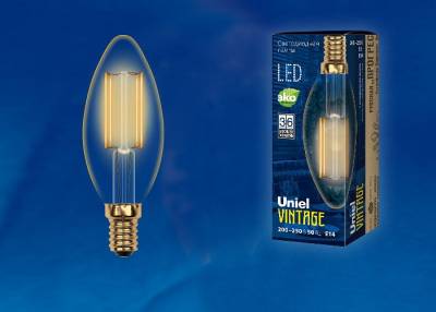 LED-C35-5W/GOLDEN/E14 GLV21GO Лампа светодиодная Vintage. Форма «свеча», золотистая колба. Картон. ТМ Uniel