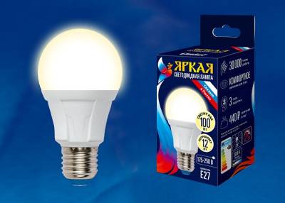 LED-A60 12W/WW/E27/FR PLP01WH Лампа светодиодная. Форма «А», матовая. Серия Яркая. Теплый белый свет (3000K). Картон. ТМ Uniel