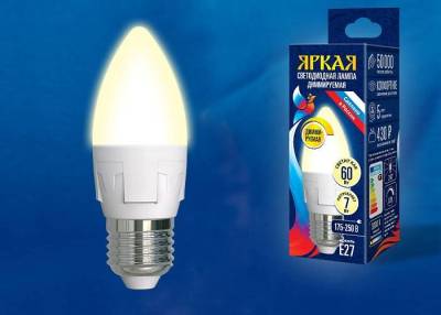 Лампа светодиодная Uniel Яркая Dim E27 7Вт 3000K LED-C37 7W/3000K/E27/FR/DIM PLP01WH картон