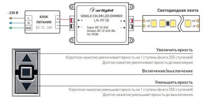 Контроллер-диммер с пультом ДУ Arlight LN-RF3B LN-RF3B (12-24V,96-192W, ПДУ 3кн)