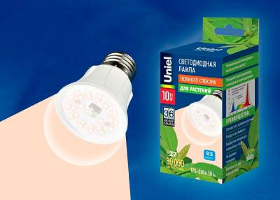 LED-A60-10W/SPFR/E27/CL PLP01WH Лампа светодиодная для растений. Форма A, прозрачная колба. Картон. ТМ Uniel