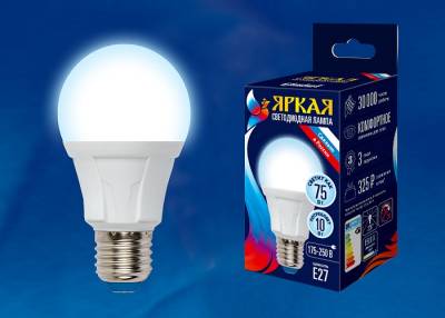 LED-A60 10W/DW/E27/FR PLP01WH Лампа светодиодная. Форма «А», матовая. Серия Яркая. Дневной свет (6500K). Картон. ТМ Uniel