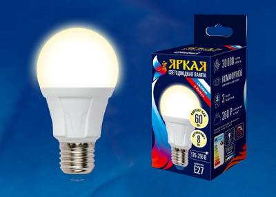 LED-A60 8W/WW/E27/FR PLP01WH Лампа светодиодная. Форма «А», матовая. Серия Яркая. Теплый белый свет (3000K). Картон. ТМ Uniel