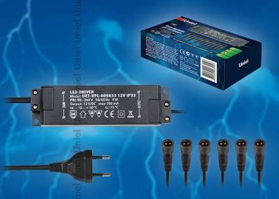 UET-VPL-009А33 12V IP33 6 выходов Блок питания для светодиодов с вилкой, влагозащищенным кабелем и 6 коннекторами. Мощность 9W, напряжение 12