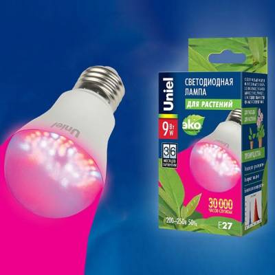 LED-A60-9W/SP/E27/CL ALM01WH Лампа светодиодная для растений. Форма A, прозрачная колба. Материал корпуса пластик. Упаковка картон.