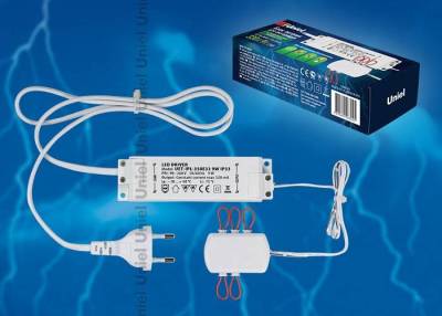 UET-IPL-350E33 9W IP33 6 выходов Блок питания для светодиодов с вилкой, разветвителем на 6 выходов и заглушками. Мощность 9W, ток 320mA, IP33