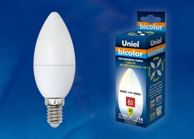 LED-C37-6W/WW+NW/E14/FR PLB01WH Лампа светодиодная. Форма «свеча», матовая. Серия Bicolor. Теплый белый свет - Белый свет. Картон. ТМ U