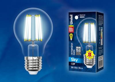 LED-A60-10W/NW/E27/CL PLS02WH Лампа светодиодная. Форма A, прозрачная. Серия Sky. Белый свет (4000K). Картон. ТМ Uniel