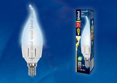 LED-CW37 7W/NW/E14/FR PLP01WH Лампа светодиодная. Форма «свеча на ветру», матовая. Серия ЯРКАЯ. Белый свет (4000K). Картон. ТМ Uniel