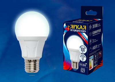 LED-A60 12W/NW/E27/FR PLP01WH Лампа светодиодная. Форма «А», матовая. Серия Яркая. Белый свет (4000K). Картон. ТМ Uniel